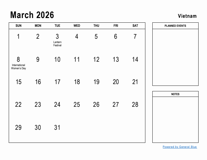 March 2026 Printable Monthly Calendar with Vietnam Holidays