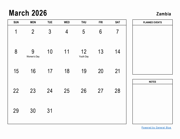 March 2026 Printable Monthly Calendar with Zambia Holidays