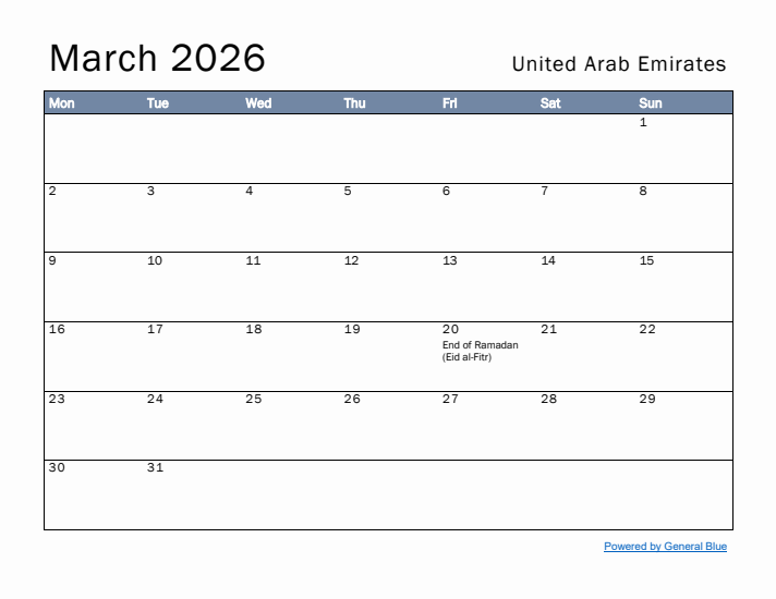 March 2026 Simple Monthly Calendar for United Arab Emirates