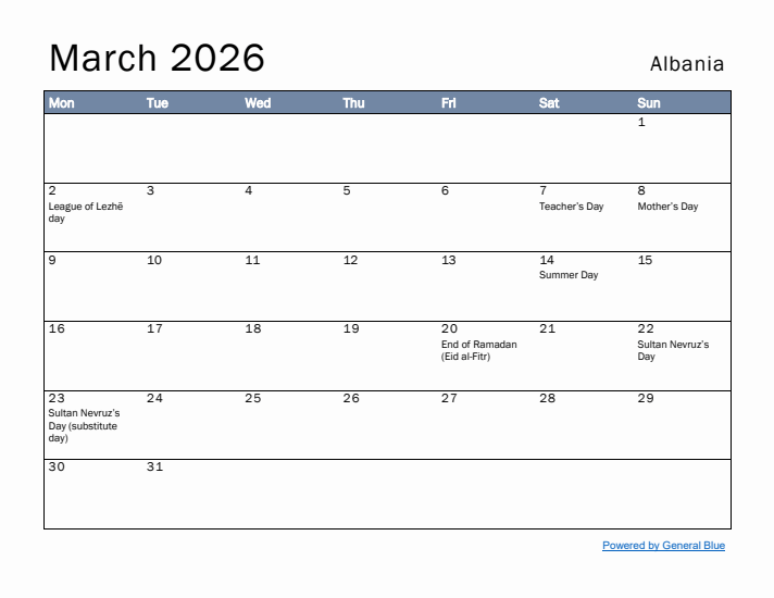 March 2026 Simple Monthly Calendar for Albania