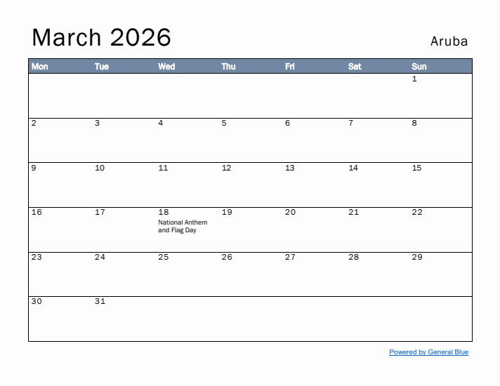 March 2026 Simple Monthly Calendar for Aruba