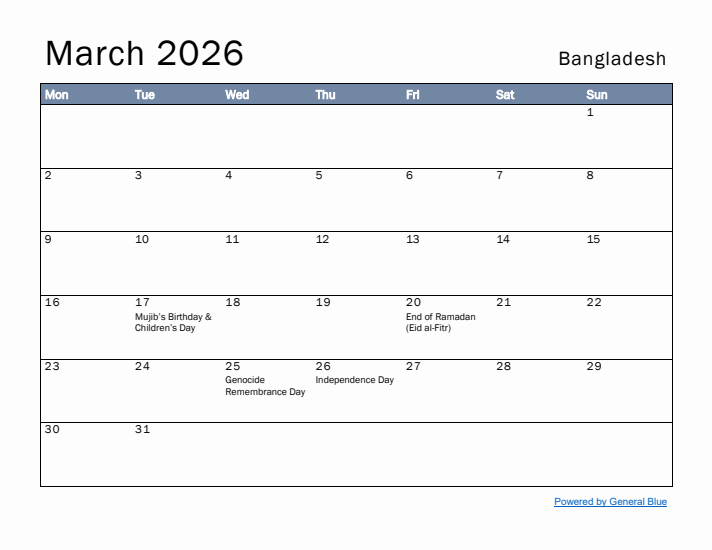 March 2026 Simple Monthly Calendar for Bangladesh