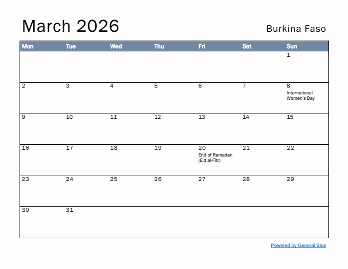 March 2026 Simple Monthly Calendar for Burkina Faso