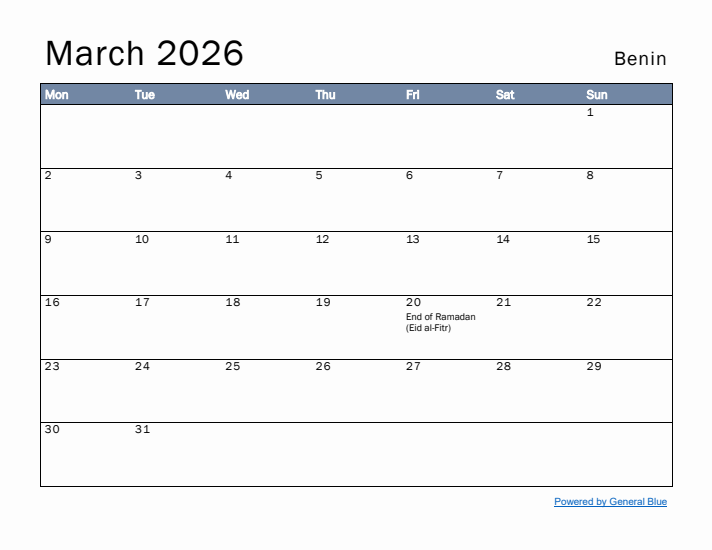 March 2026 Simple Monthly Calendar for Benin