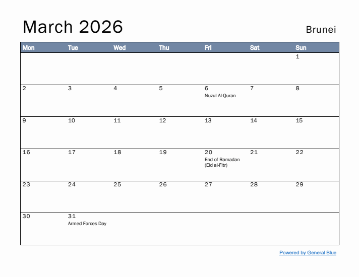 March 2026 Simple Monthly Calendar for Brunei