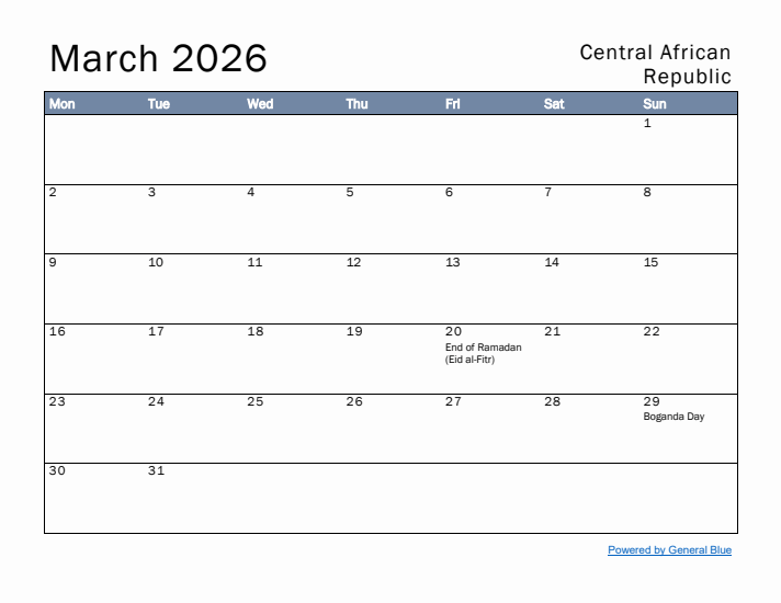 March 2026 Simple Monthly Calendar for Central African Republic