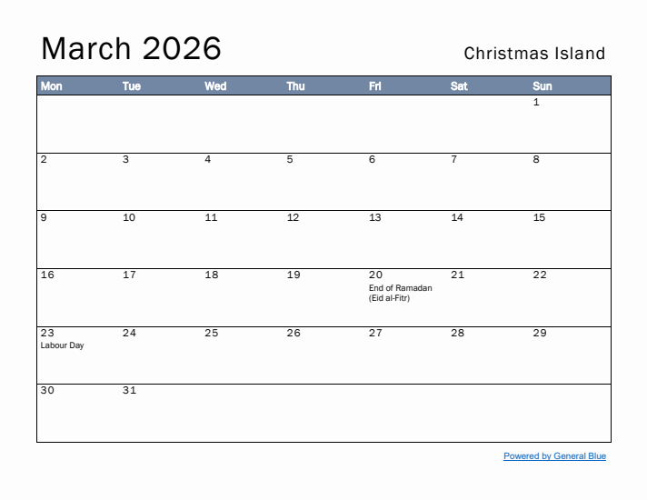 March 2026 Simple Monthly Calendar for Christmas Island