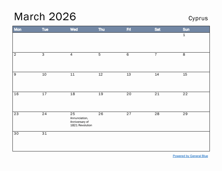 March 2026 Simple Monthly Calendar for Cyprus