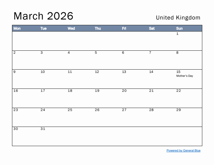 March 2026 Simple Monthly Calendar for United Kingdom