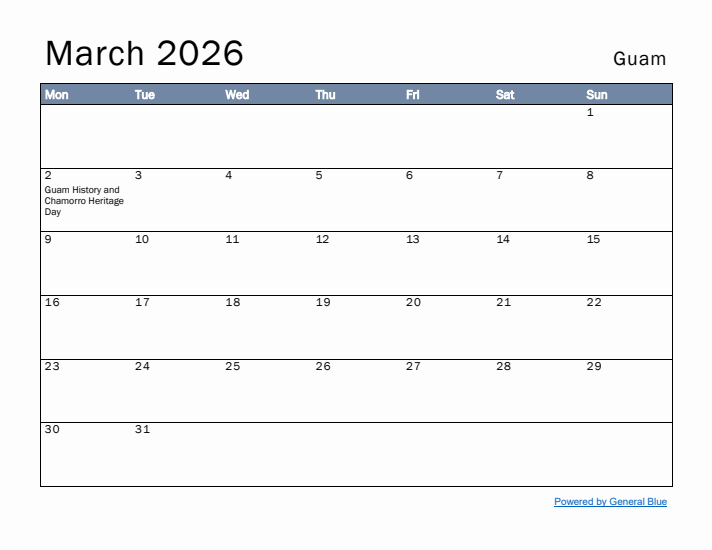 March 2026 Simple Monthly Calendar for Guam