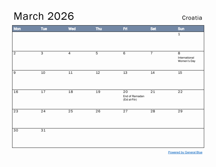 March 2026 Simple Monthly Calendar for Croatia