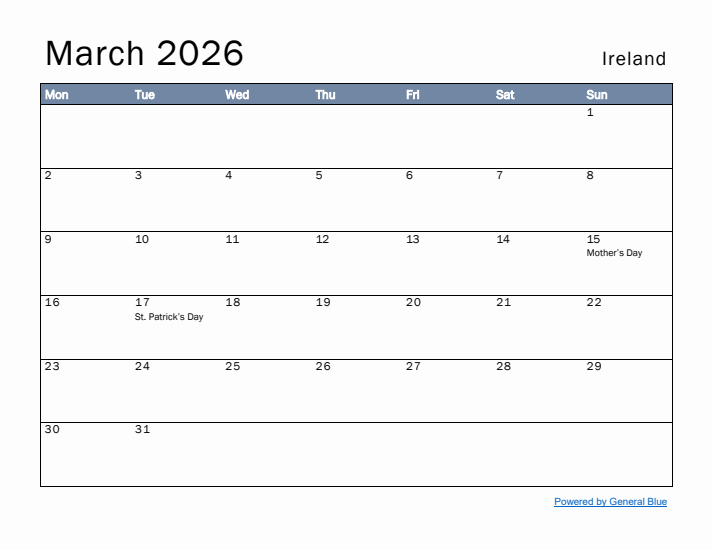 March 2026 Simple Monthly Calendar for Ireland