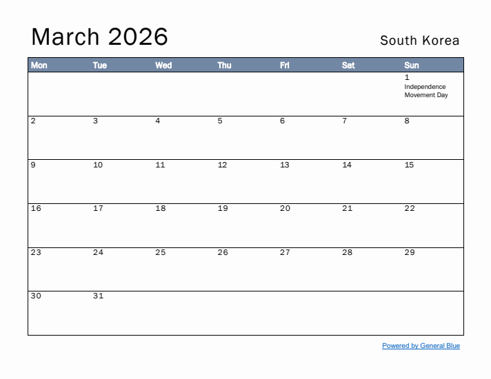 March 2026 Simple Monthly Calendar for South Korea