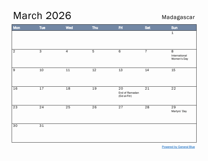 March 2026 Simple Monthly Calendar for Madagascar