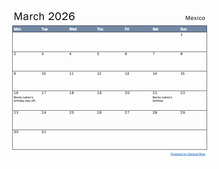 March 2026 Simple Monthly Calendar for Mexico