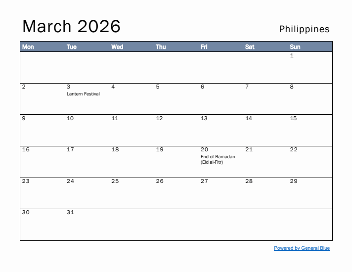 March 2026 Simple Monthly Calendar for Philippines