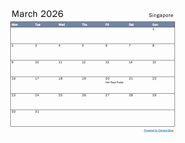 March 2026 Simple Monthly Calendar for Singapore