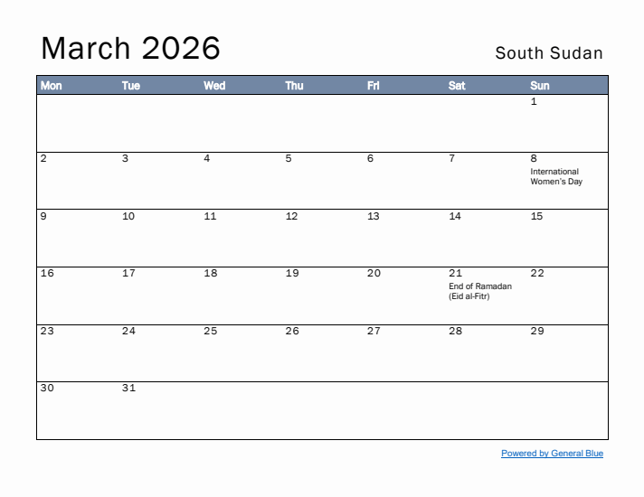 March 2026 Simple Monthly Calendar for South Sudan