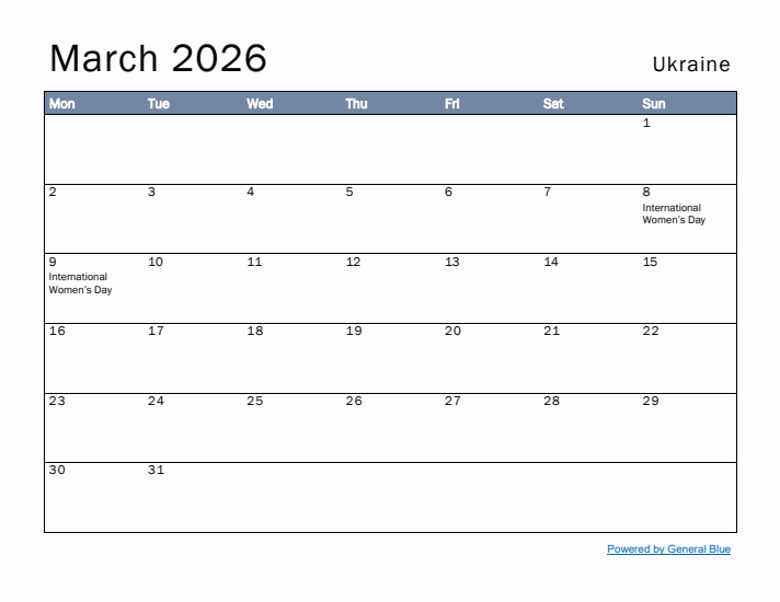 March 2026 Simple Monthly Calendar for Ukraine