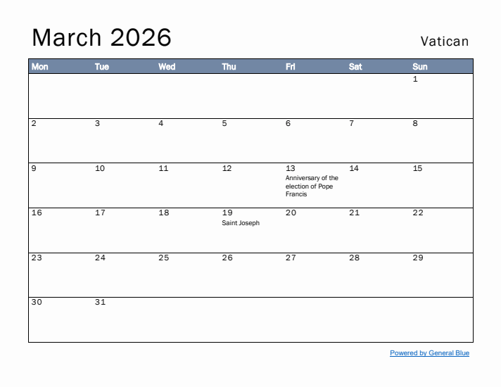 March 2026 Simple Monthly Calendar for Vatican