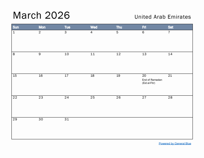 March 2026 Simple Monthly Calendar for United Arab Emirates