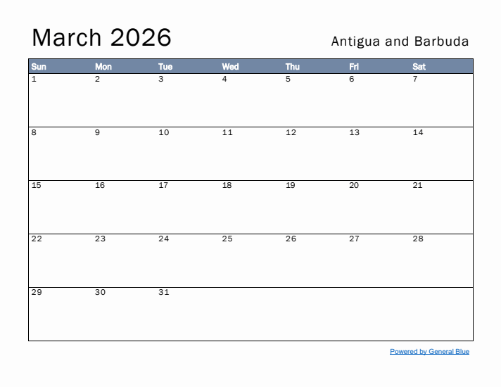 March 2026 Simple Monthly Calendar for Antigua and Barbuda