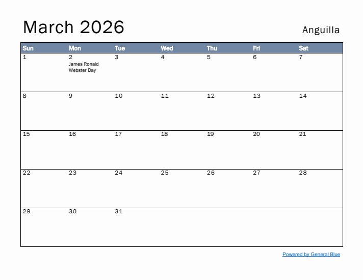 March 2026 Simple Monthly Calendar for Anguilla