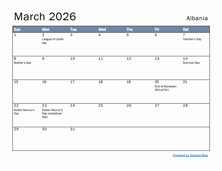 March 2026 Simple Monthly Calendar for Albania