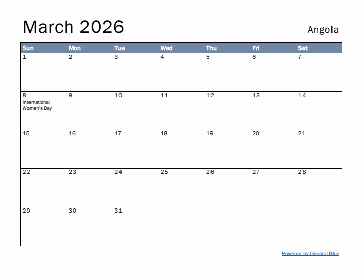 March 2026 Simple Monthly Calendar for Angola