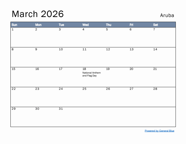 March 2026 Simple Monthly Calendar for Aruba