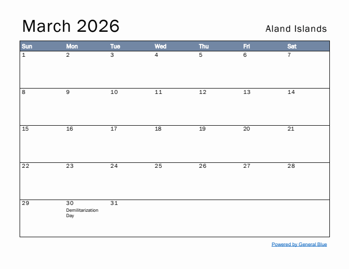 March 2026 Simple Monthly Calendar for Aland Islands