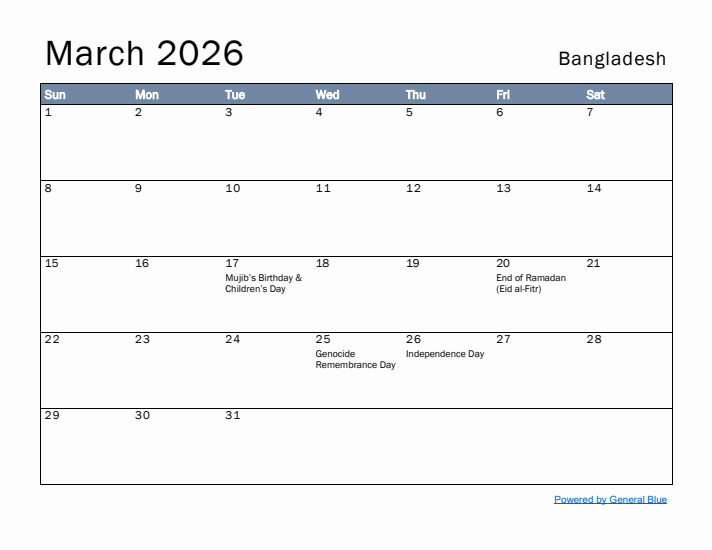 March 2026 Simple Monthly Calendar for Bangladesh