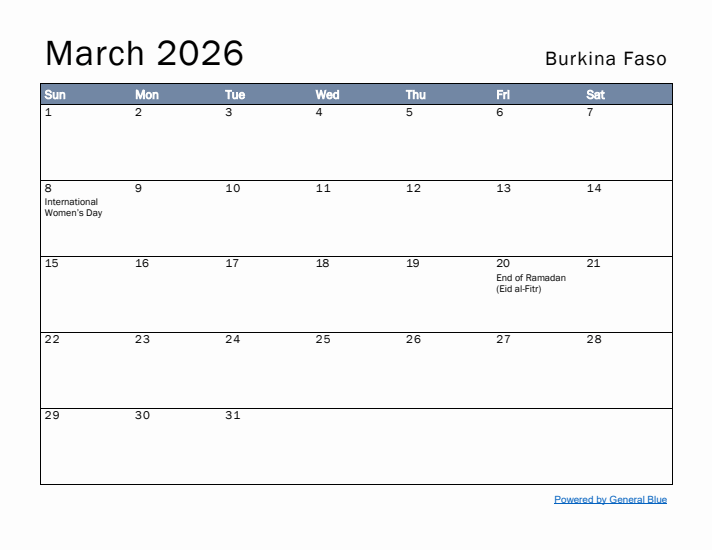 March 2026 Simple Monthly Calendar for Burkina Faso