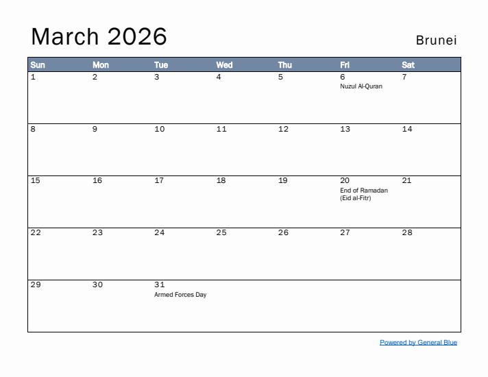 March 2026 Simple Monthly Calendar for Brunei