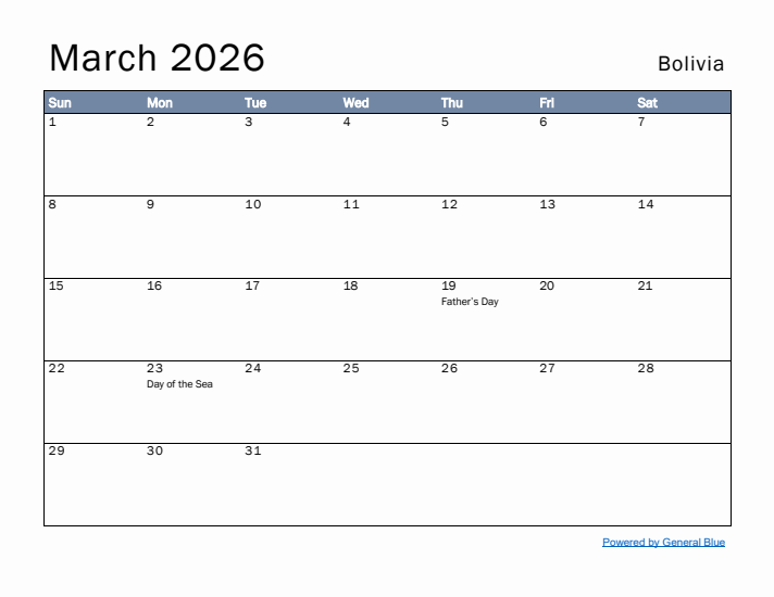 March 2026 Simple Monthly Calendar for Bolivia