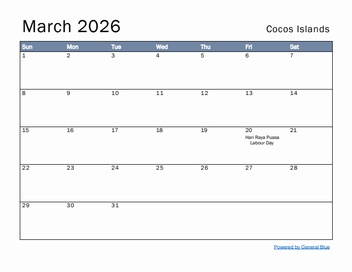 March 2026 Simple Monthly Calendar for Cocos Islands