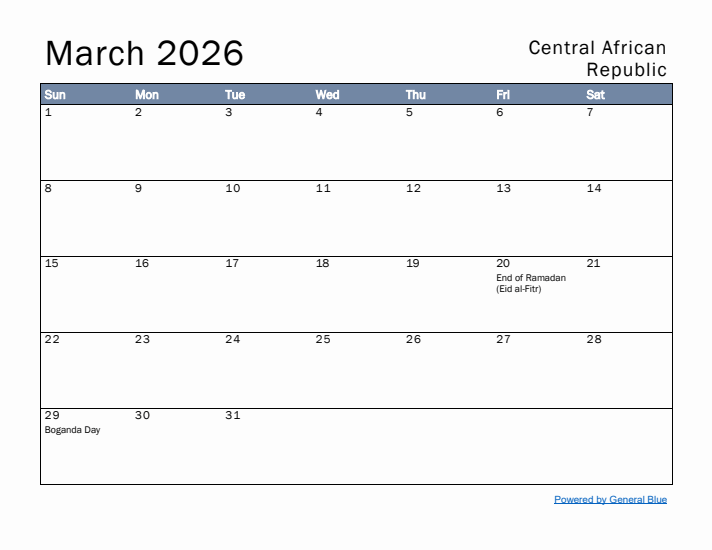 March 2026 Simple Monthly Calendar for Central African Republic