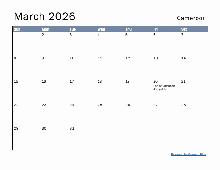 March 2026 Simple Monthly Calendar for Cameroon