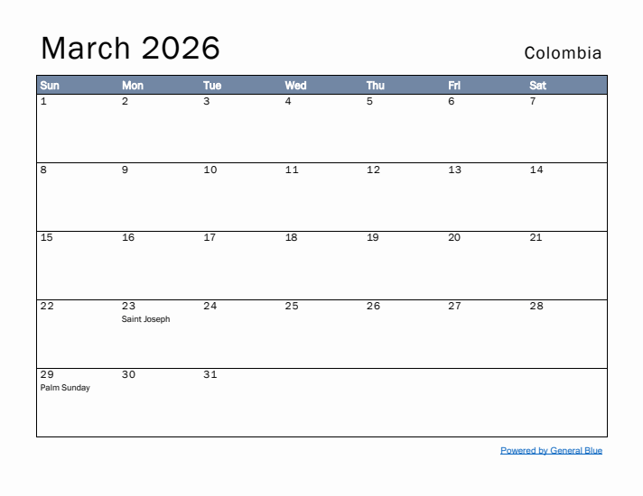 March 2026 Simple Monthly Calendar for Colombia