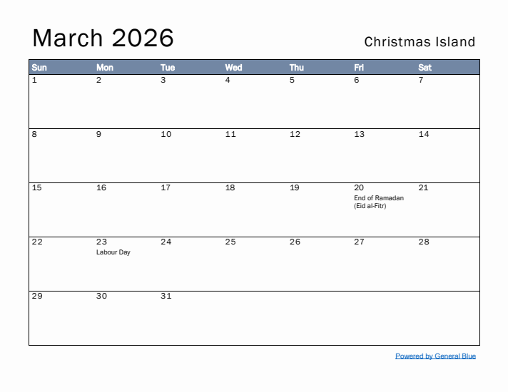 March 2026 Simple Monthly Calendar for Christmas Island