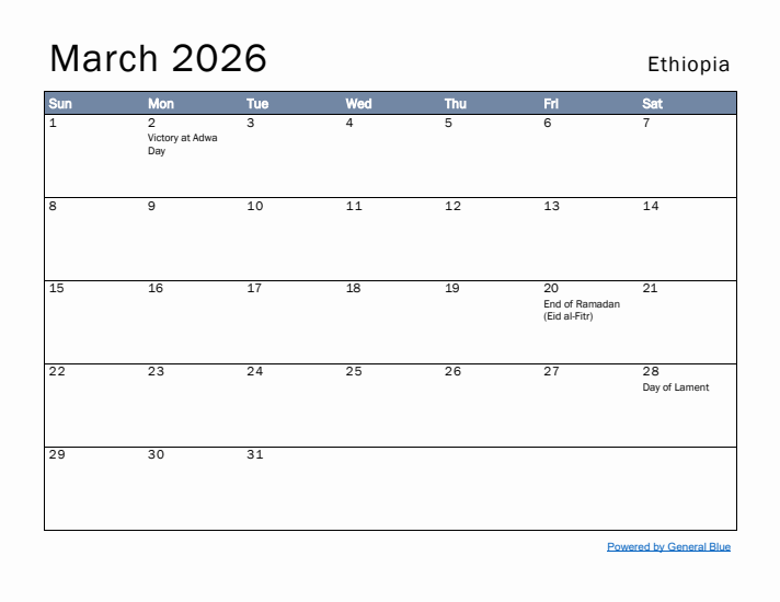 March 2026 Simple Monthly Calendar for Ethiopia