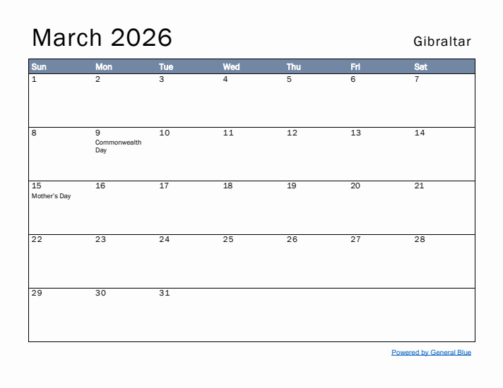 March 2026 Simple Monthly Calendar for Gibraltar