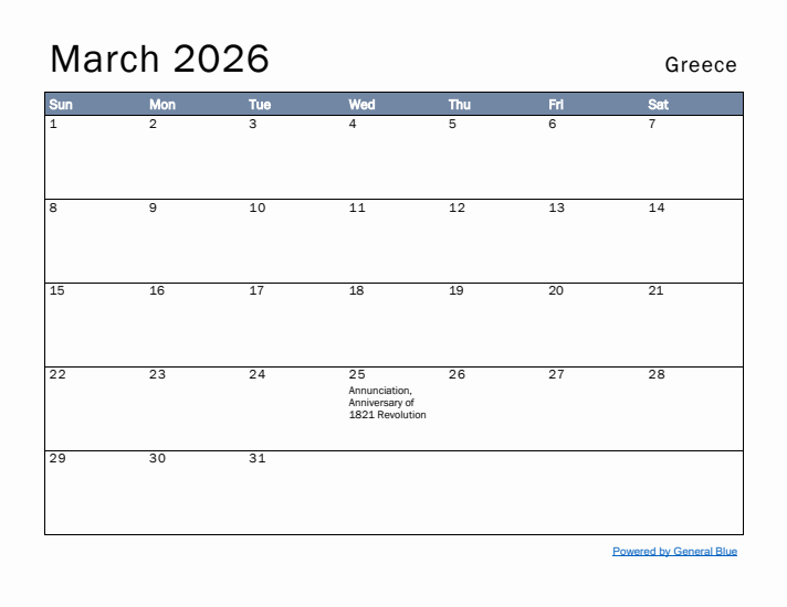 March 2026 Simple Monthly Calendar for Greece