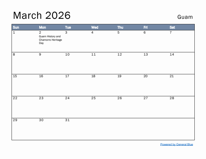 March 2026 Simple Monthly Calendar for Guam