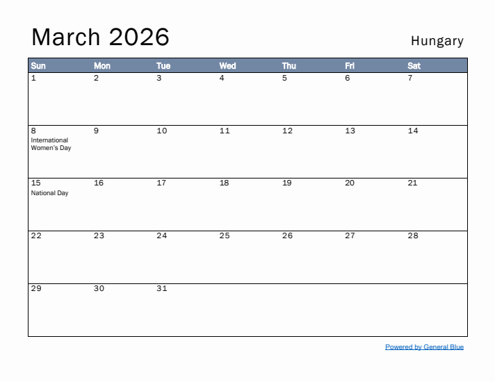 March 2026 Simple Monthly Calendar for Hungary