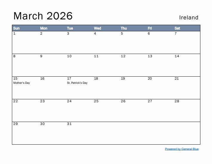 March 2026 Simple Monthly Calendar for Ireland