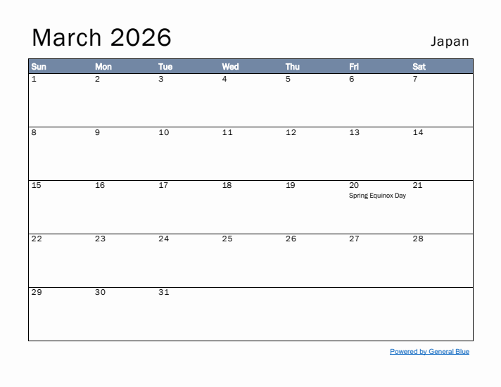 March 2026 Simple Monthly Calendar for Japan