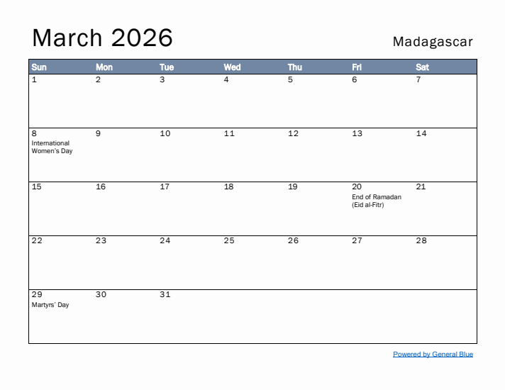 March 2026 Simple Monthly Calendar for Madagascar