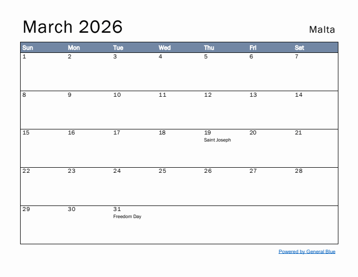 March 2026 Simple Monthly Calendar for Malta