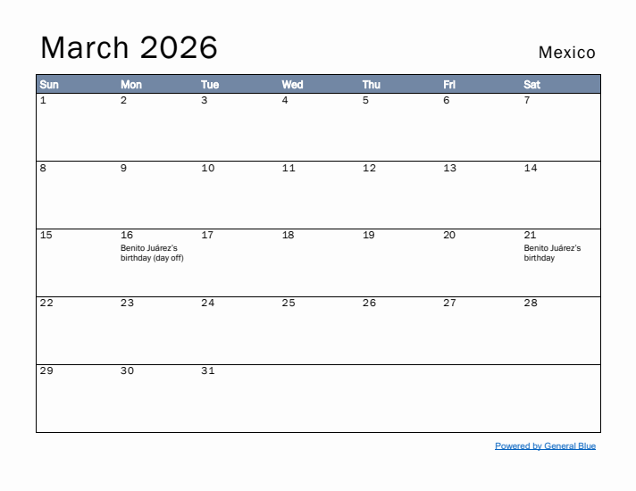 March 2026 Simple Monthly Calendar for Mexico